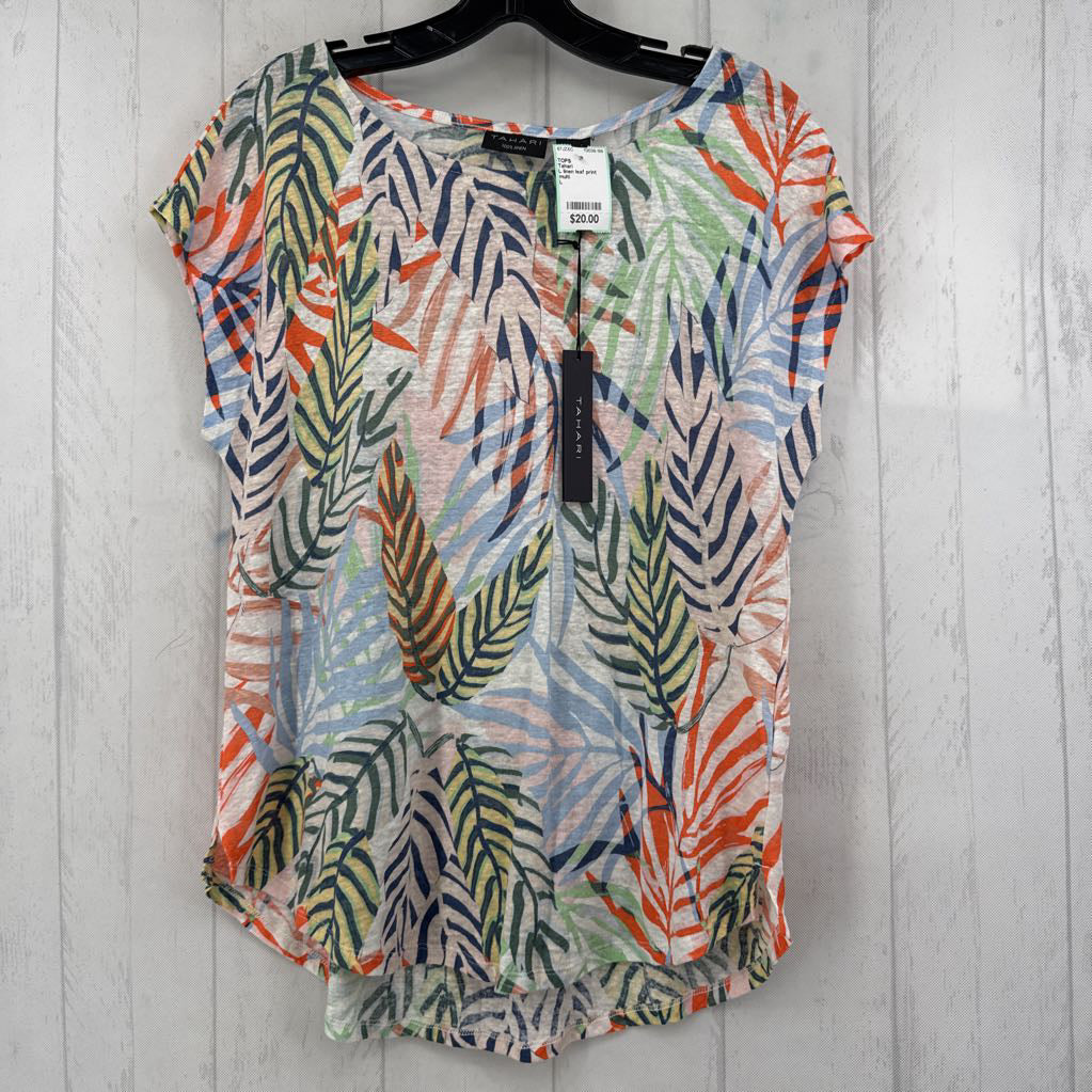 L linen leaf print cap slv top