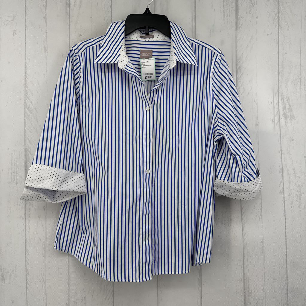 L striped button down 3/4 slv top