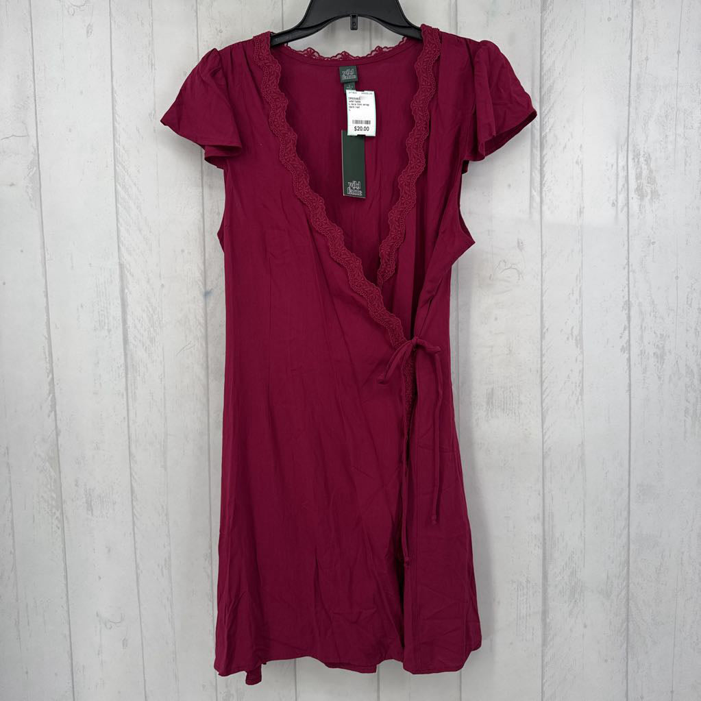 L lace trim wrap dress s/s