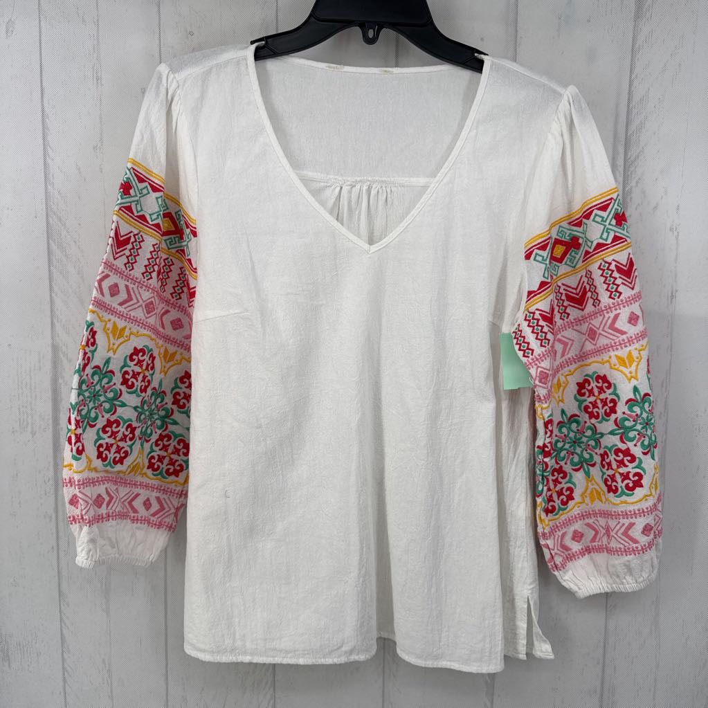 L linen v-neck embroidered slv top l/s
