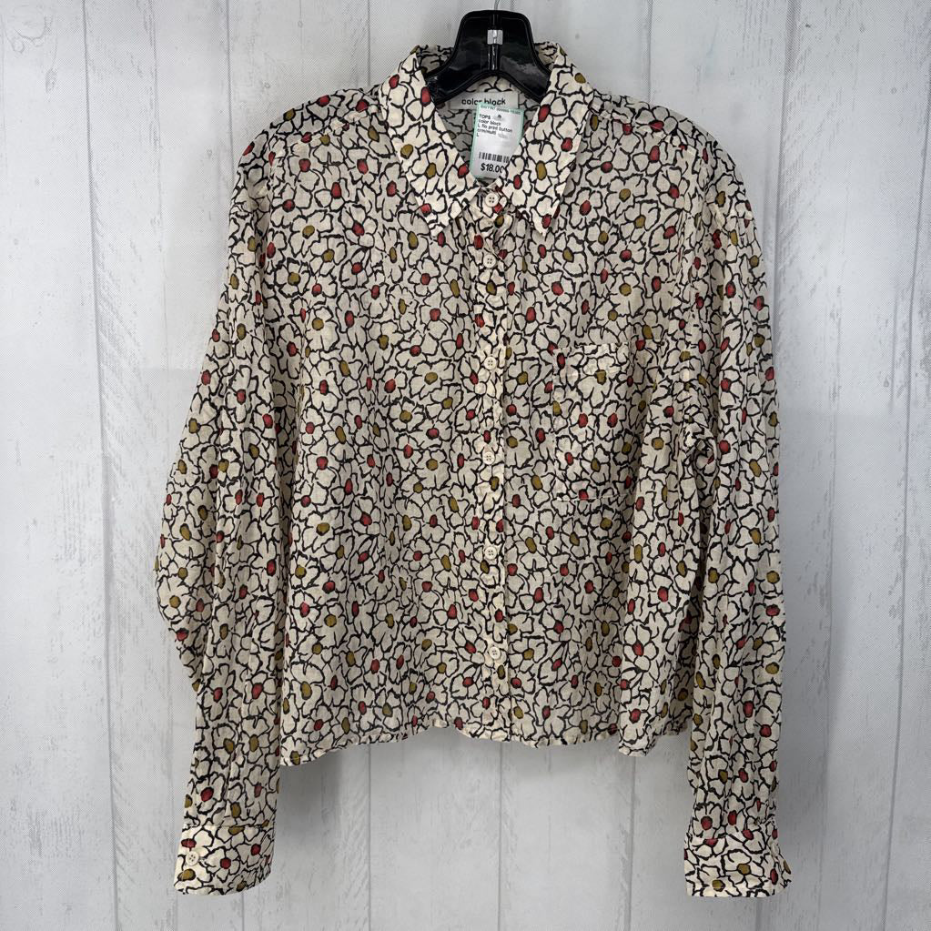 L flo print button down l/s top
