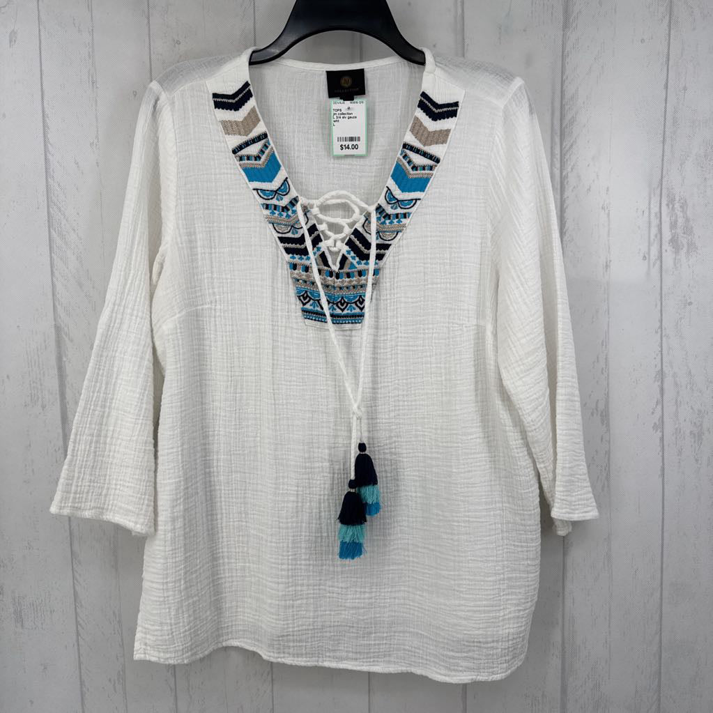 L 3/4 slv gauze embroidered top