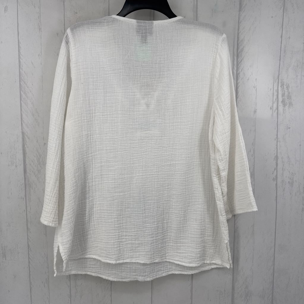 L 3/4 slv gauze embroidered top