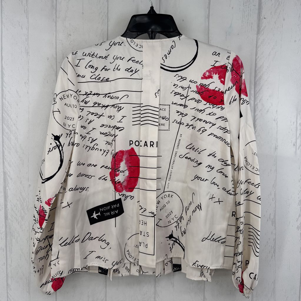 R70 XSp postcard print pleated l/s top