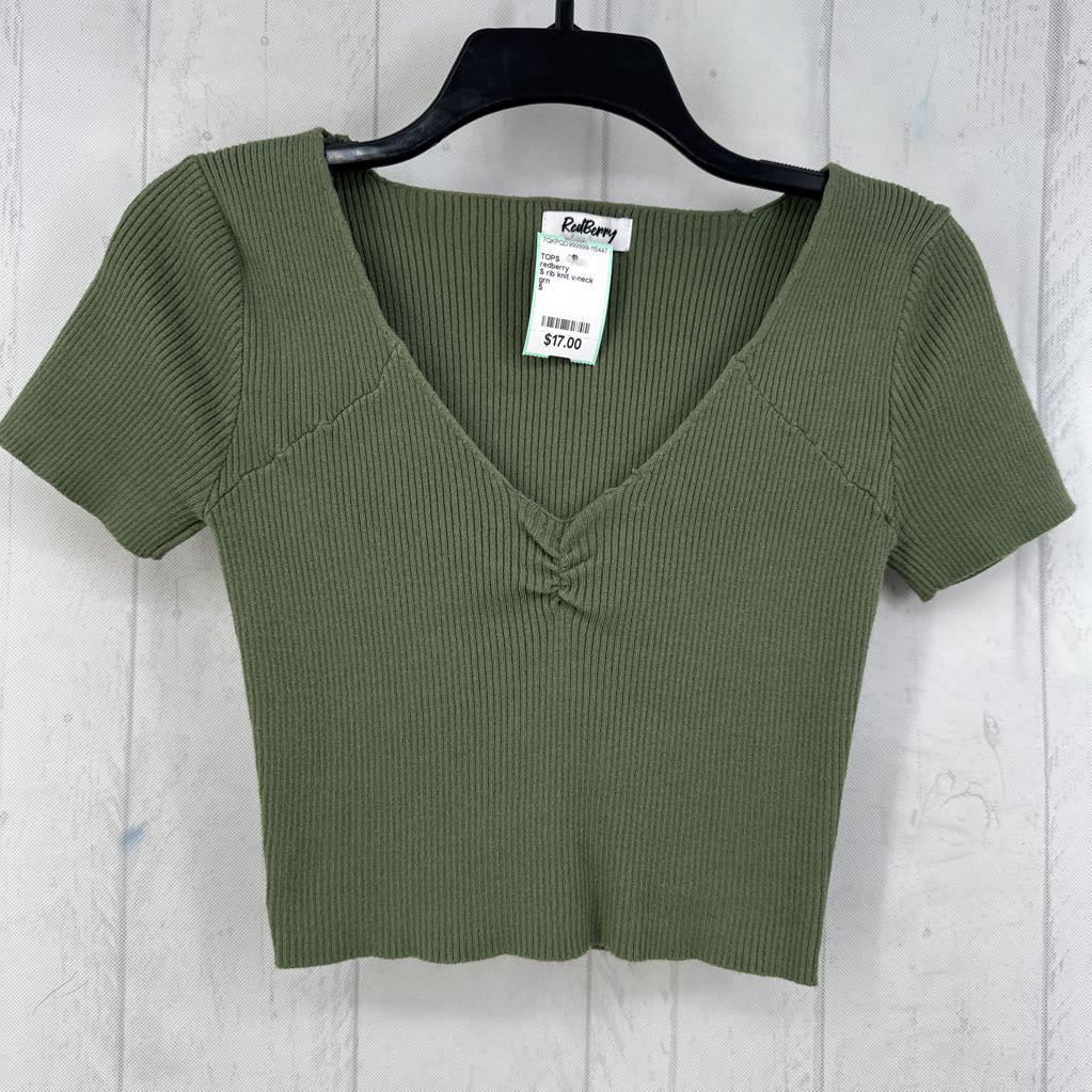 S rib knit v-neck s/s crop top