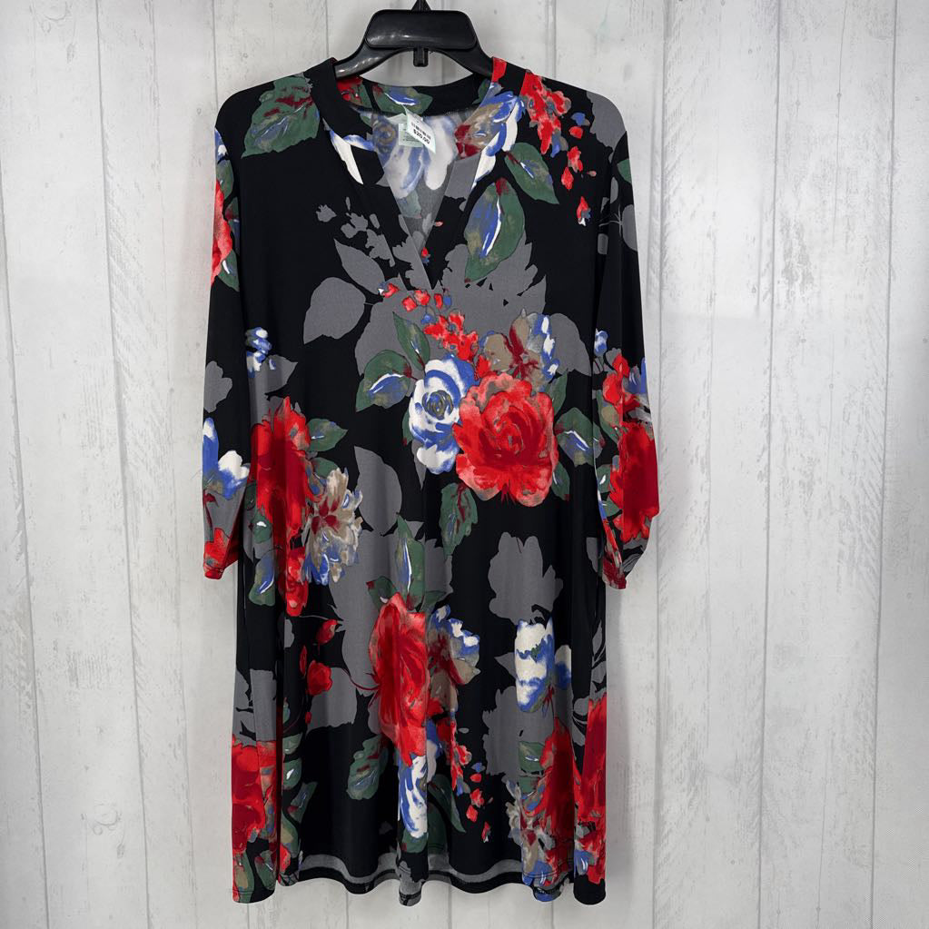L split neck flo print tab slv dress