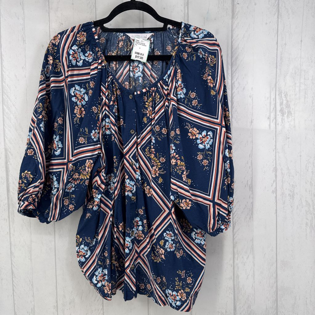 L flo print button down s/s top