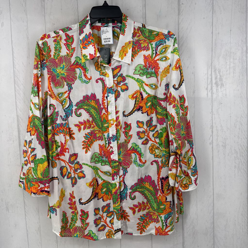 R95 3X paisley print button down 3/4 slv top