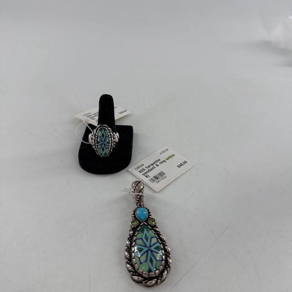 925 turquoise pendant & ring set(sz 8)