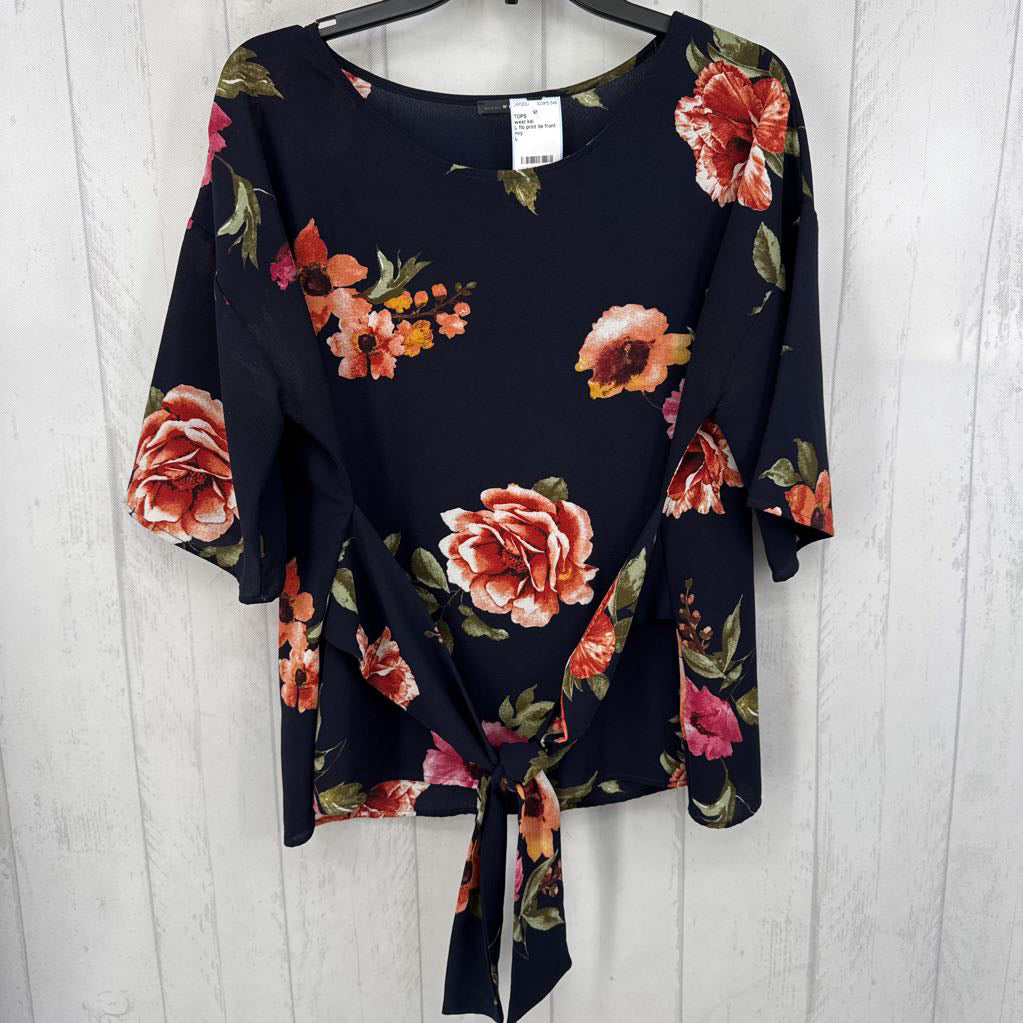 L flo print tie front elbow slv top