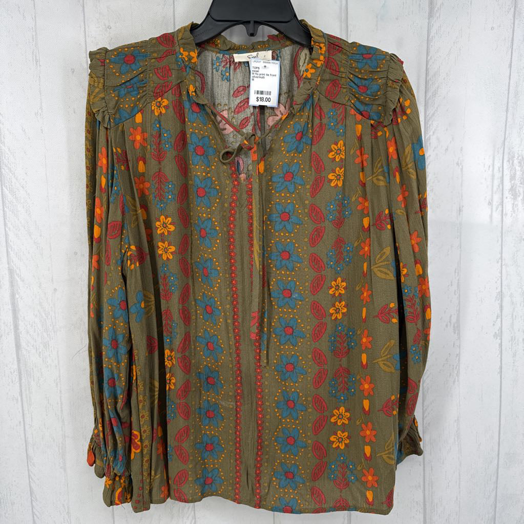 M flo print tie front l/s top