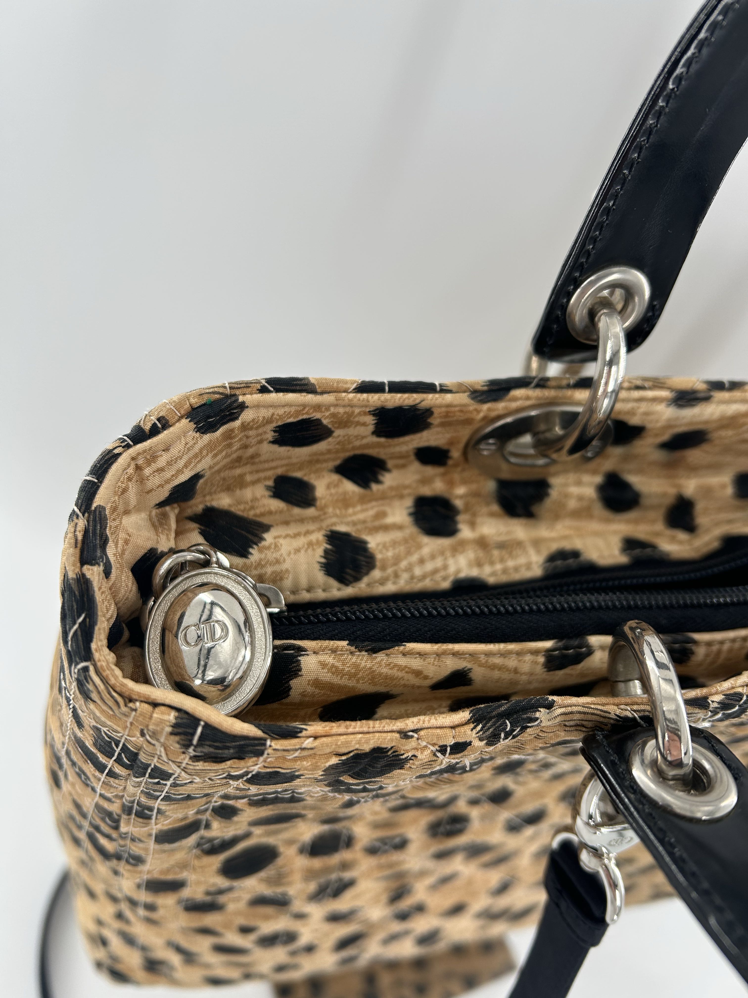 Christian Dior Lady Dior Cannage Quilt Canvas Leopard Print Handbag