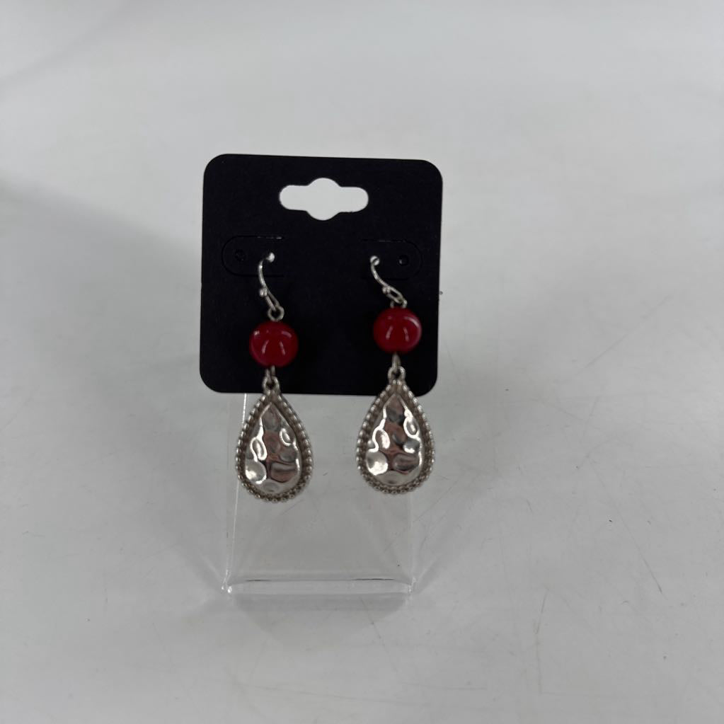 silver w/ red bead dangle earrings