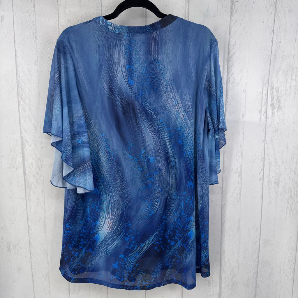 XL printed split neck sheer slv top