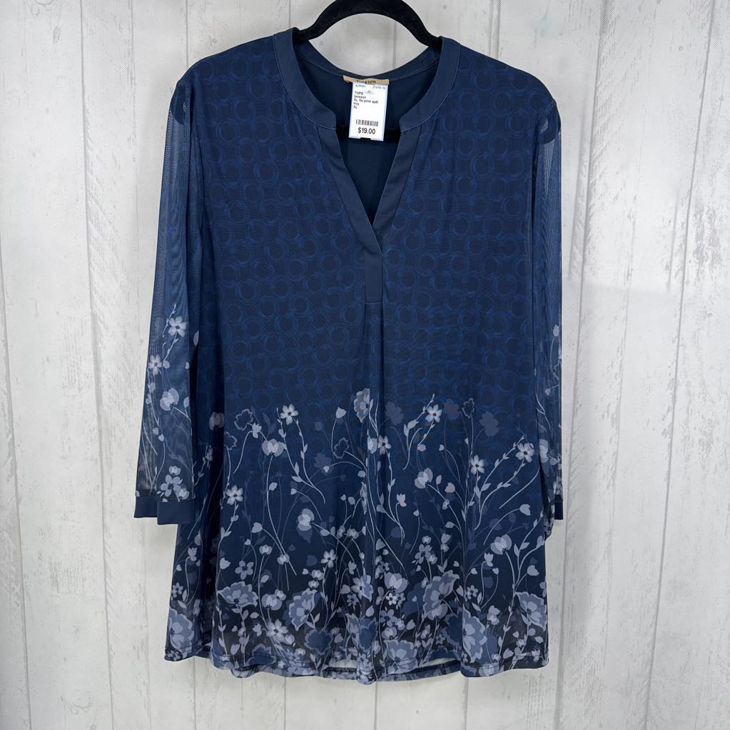 XL flo print split neck sheer slv top