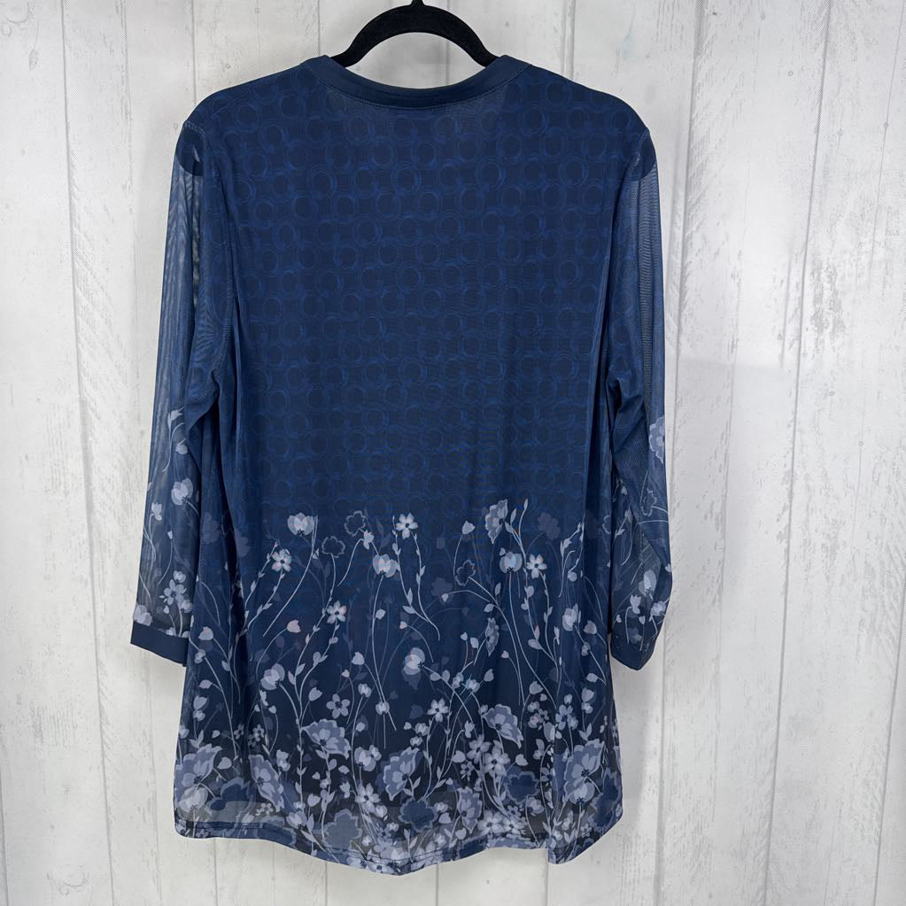 XL flo print split neck sheer slv top