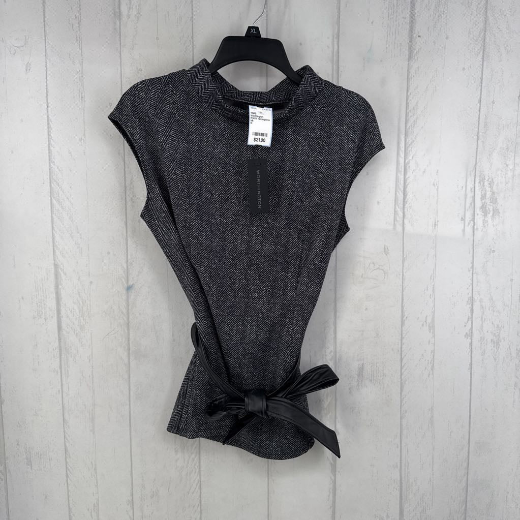 R36 M herringbone print belted slvls top