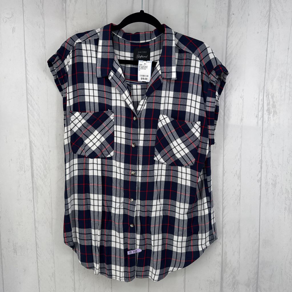 XL plaid button down cap slv top