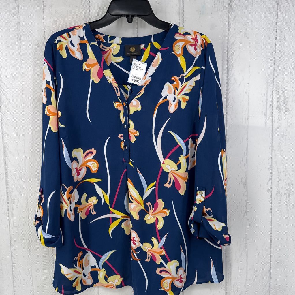 L flo print button front tab slv top