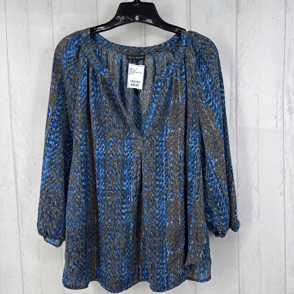 S printed split neck 3/4 slv top