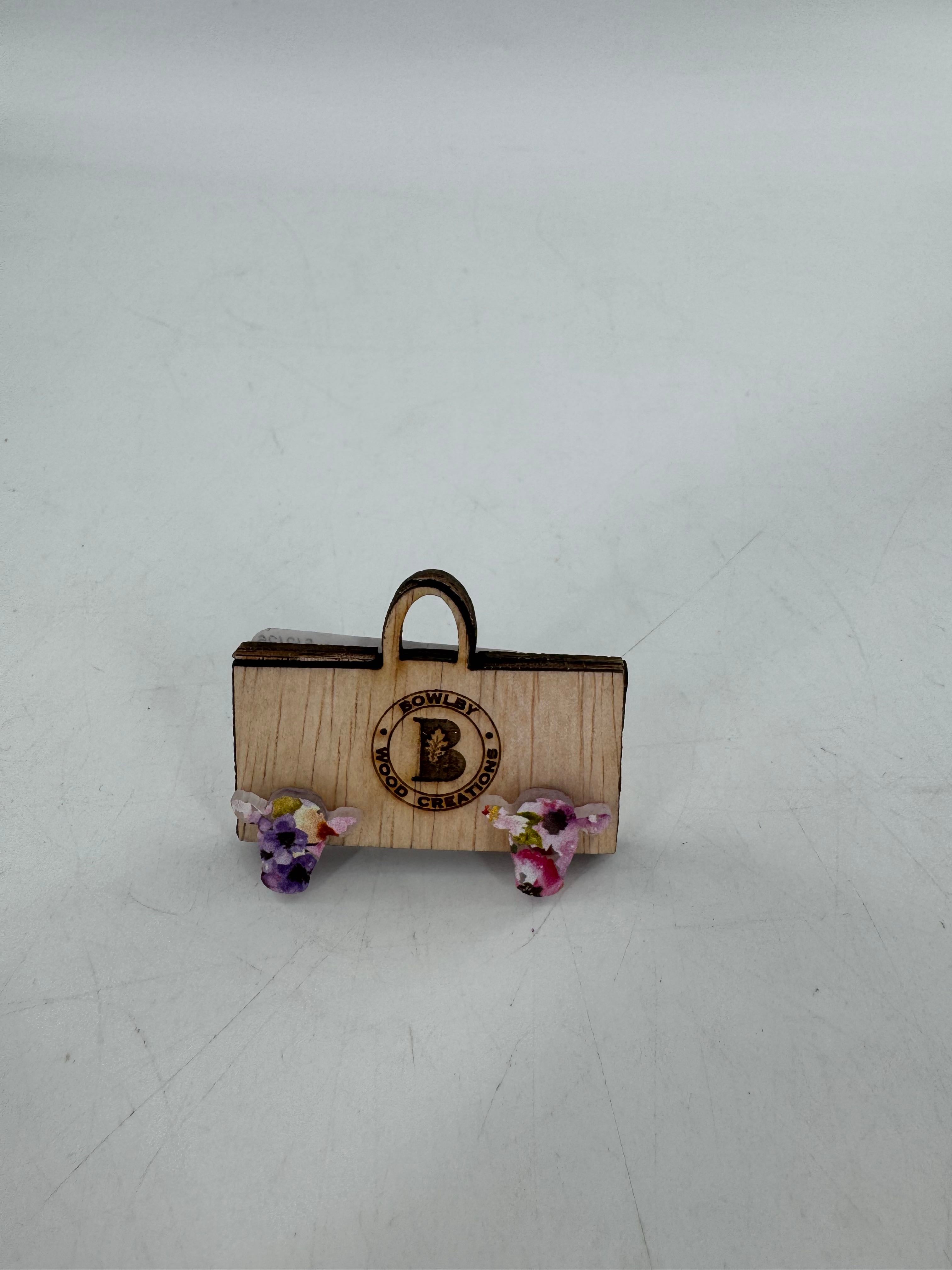 wood earrings-floral cow