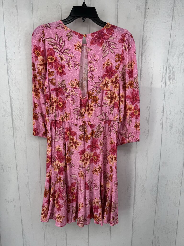 S flo print drawstring waist l/s dress