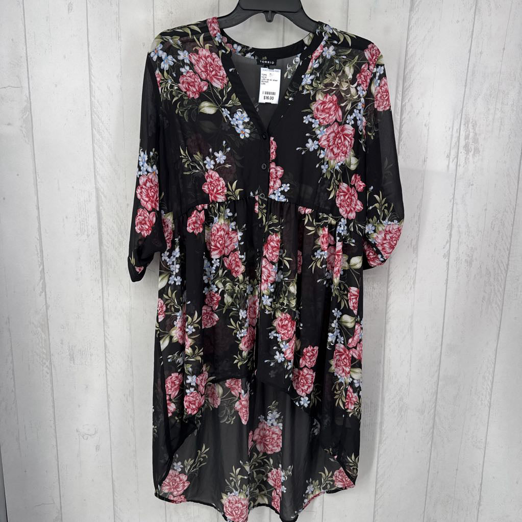 L(00) tab slv sheer flower print button hi-low top