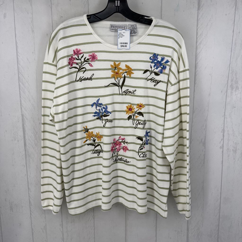 M l/s stripe embroidered top