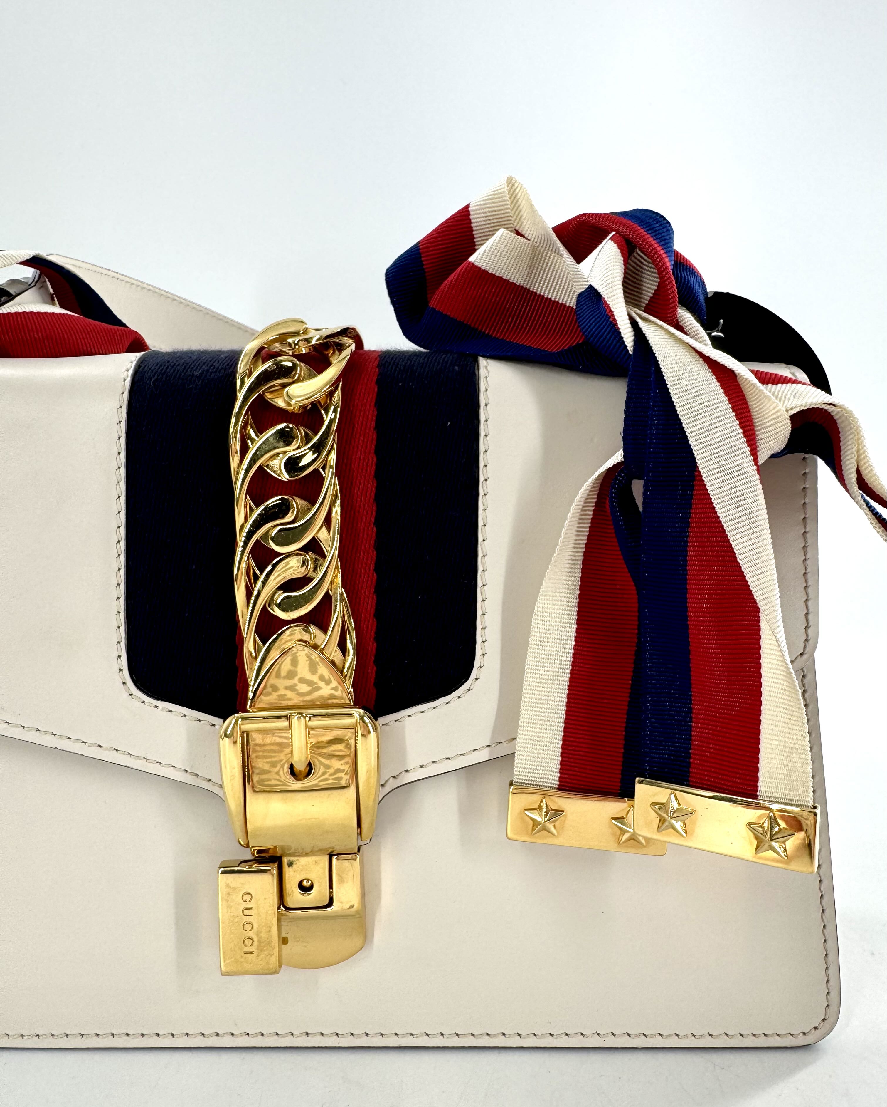 Gucci Calfskin Small Sylvie Shoulder Bag Off White w/ Ribbon Strap