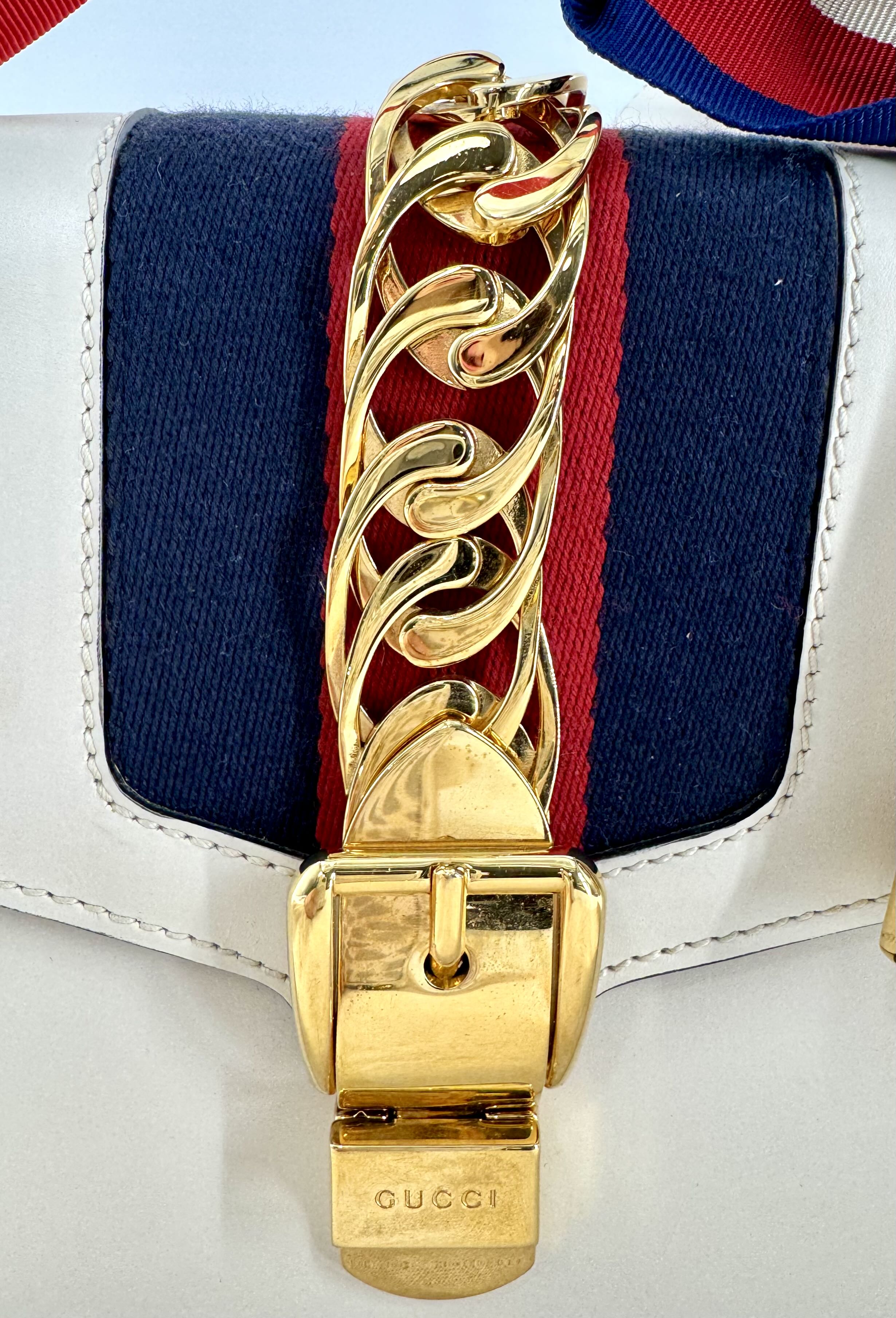 Gucci Calfskin Small Sylvie Shoulder Bag Off White w/ Ribbon Strap