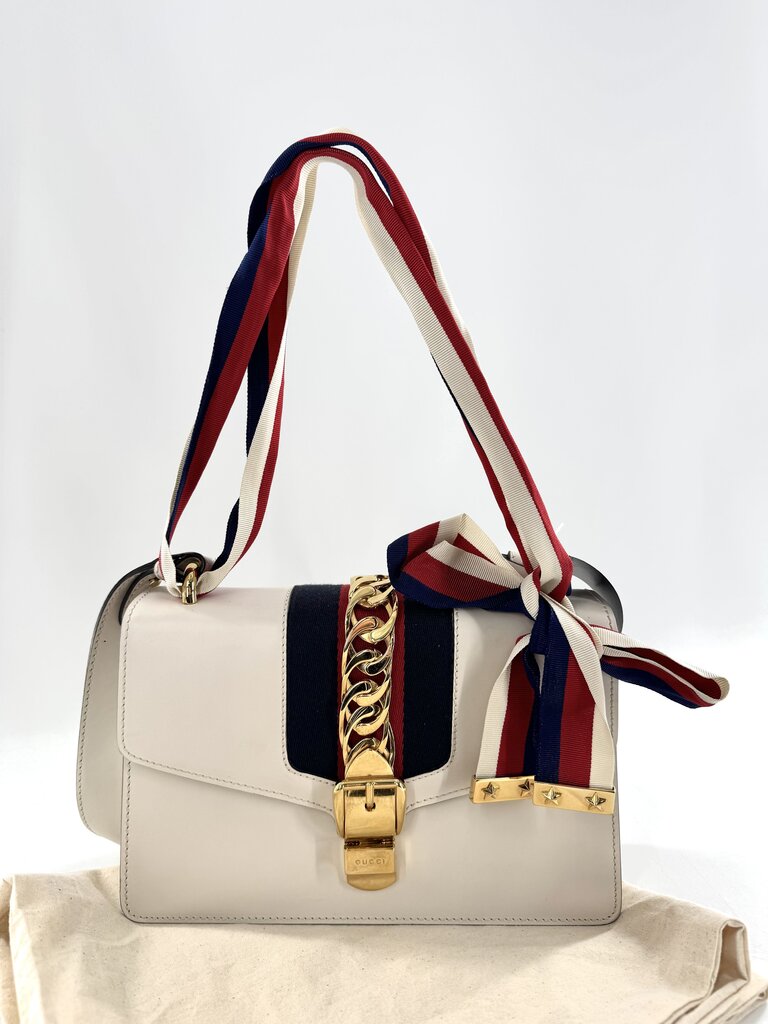 Gucci Calfskin Small Sylvie Shoulder Bag Off White w/ Ribbon Strap