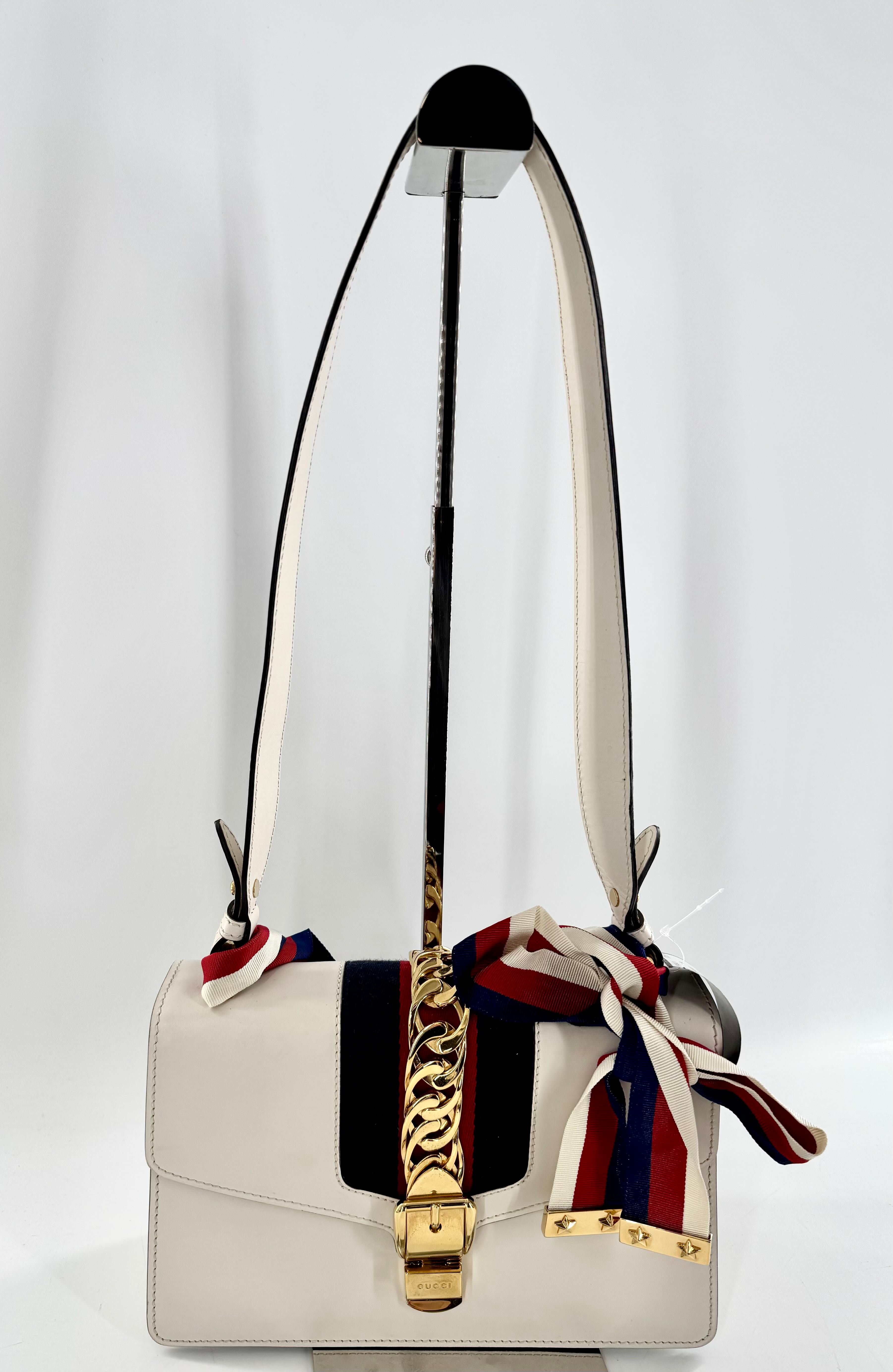 Gucci Calfskin Small Sylvie Shoulder Bag Off White w/ Ribbon Strap
