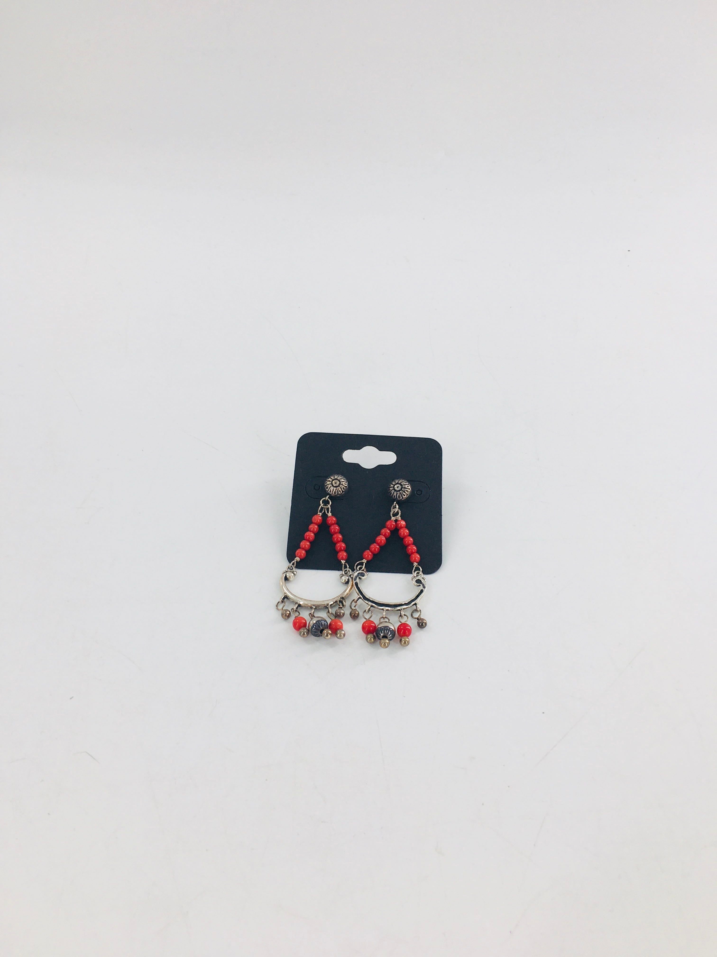 silver tone red beaded dangle earrings