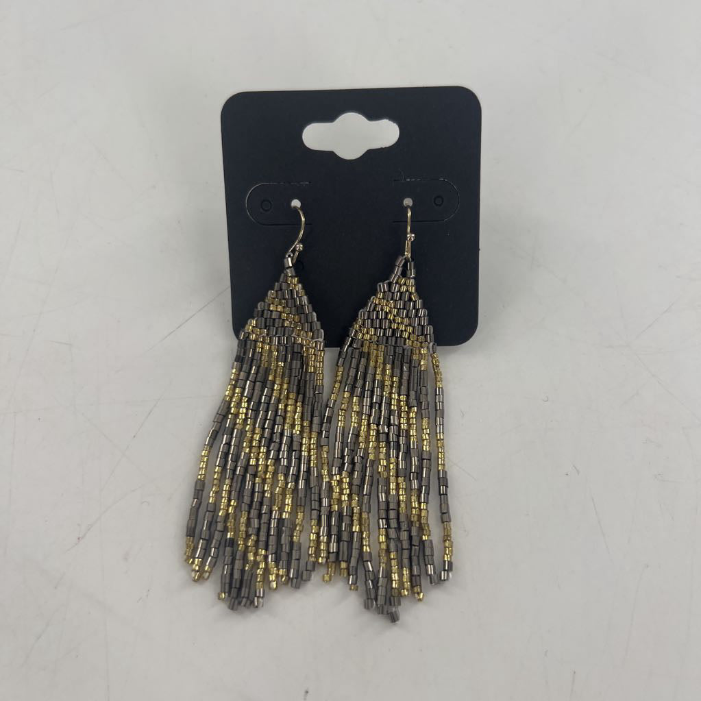 gold & gray beaded tassel earrings