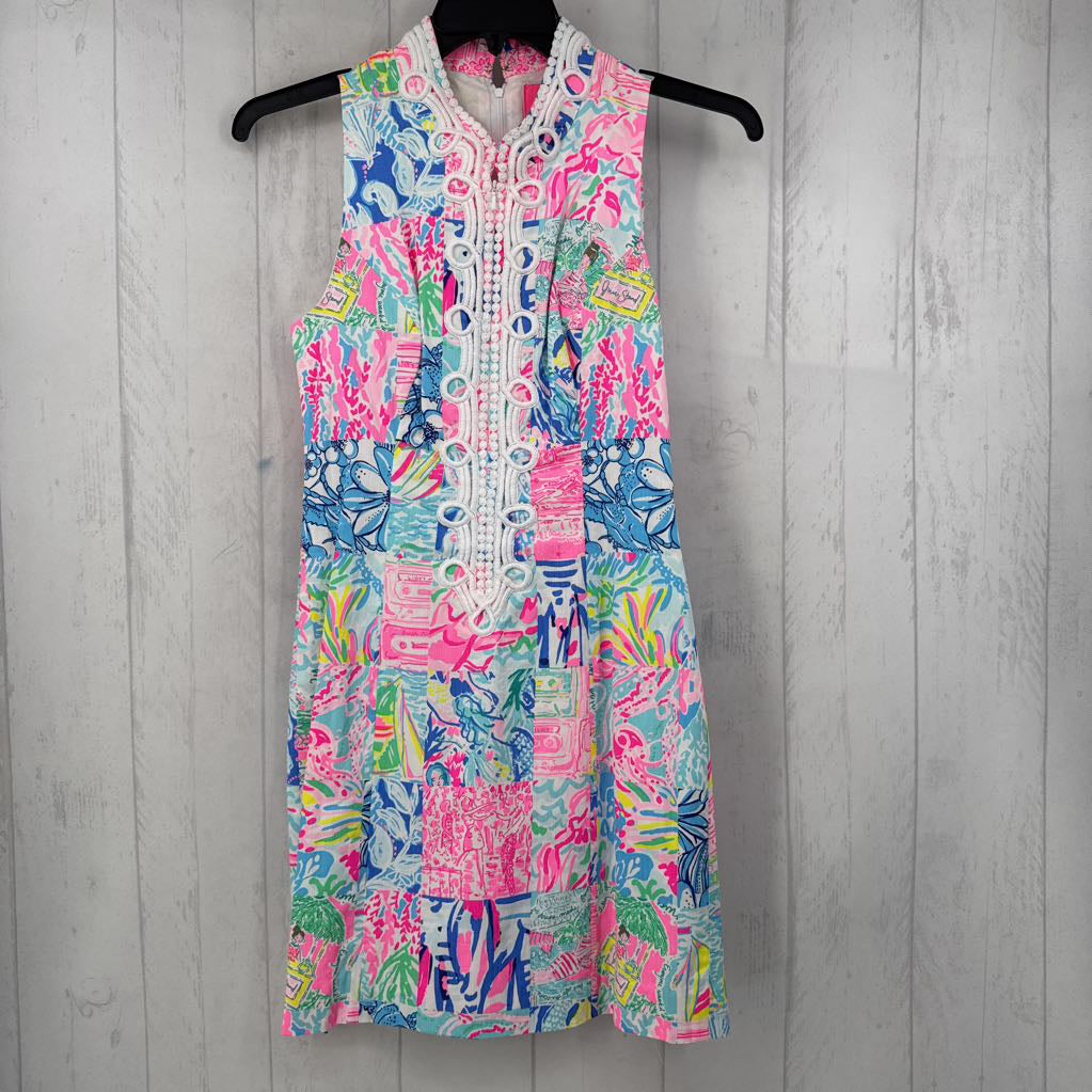 R198 4 embroidered zip front printed slvls dress