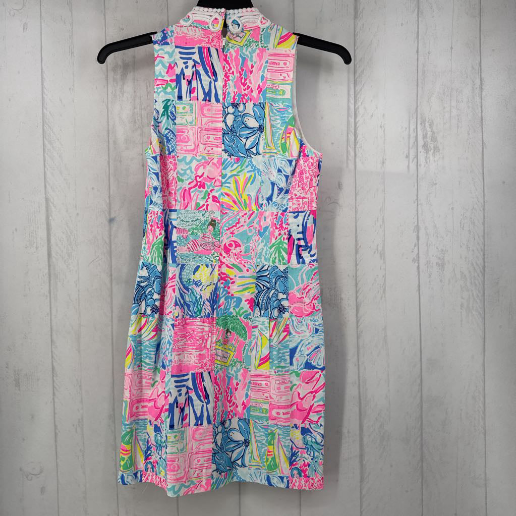 R198 4 embroidered zip front printed slvls dress