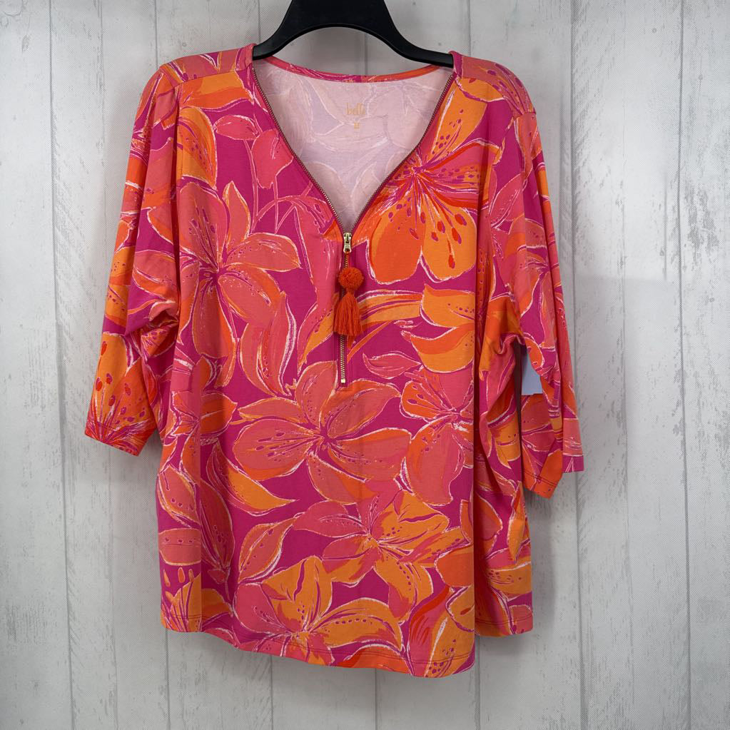 XL flo print 1/2 zip s/s top
