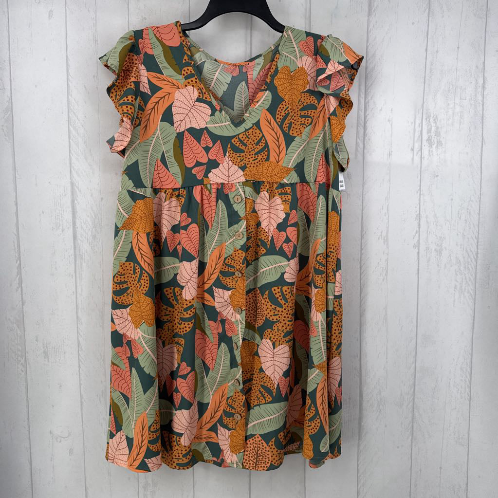 L leaf print v-neck button front flutter slv dress