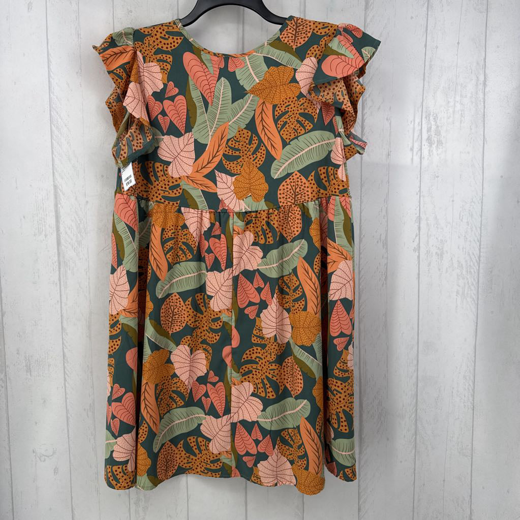 L leaf print v-neck button front flutter slv dress