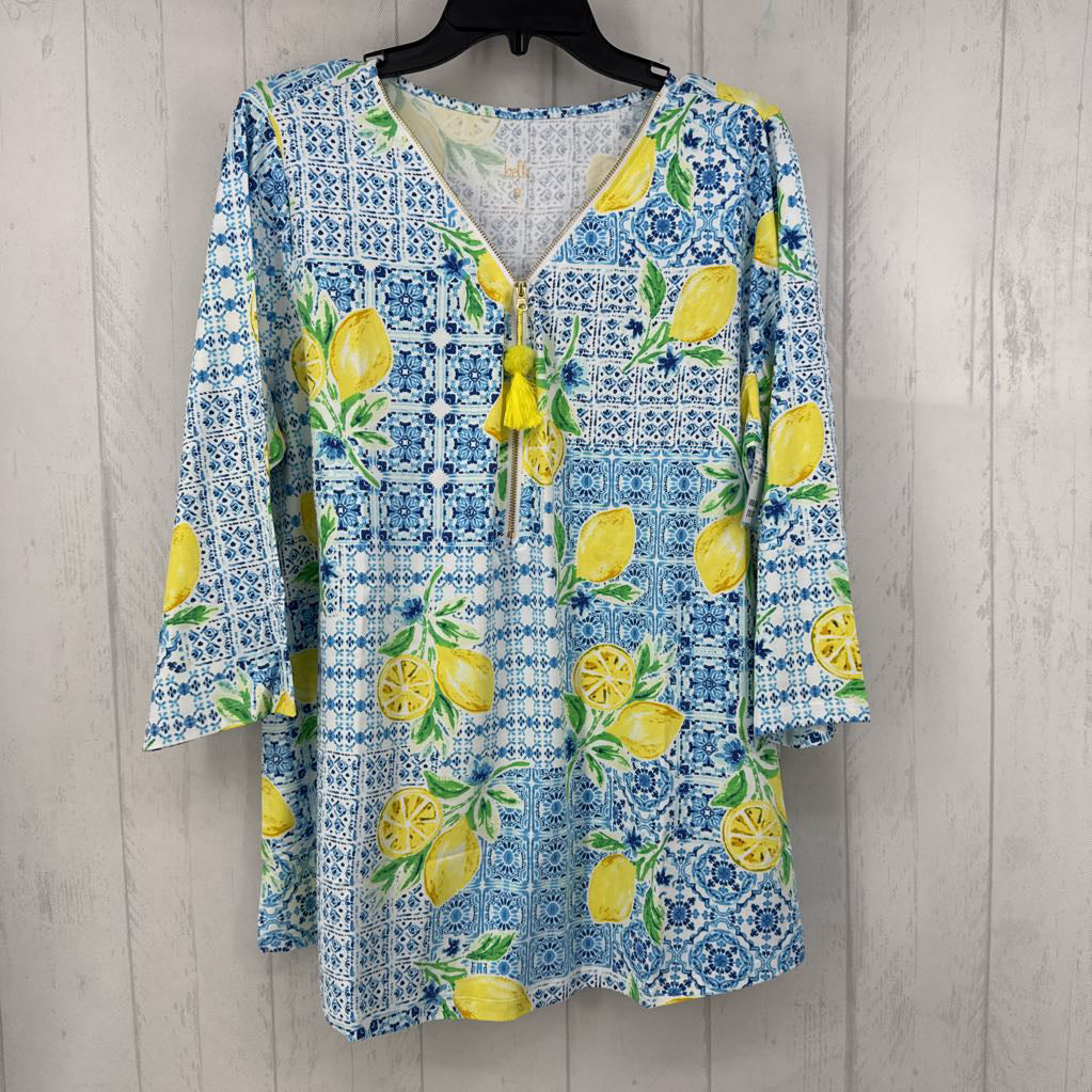 XL lemon print 1/2 zip 3/4 slv top