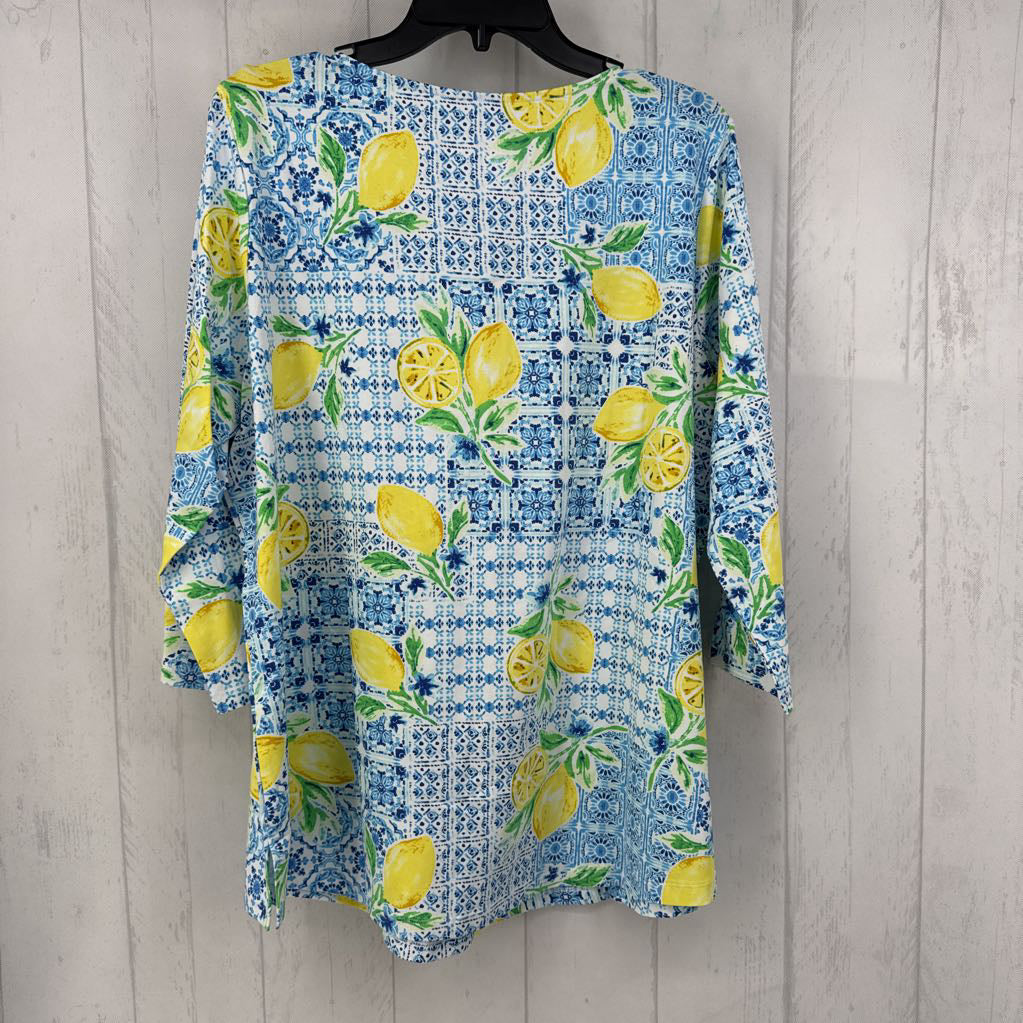 XL lemon print 1/2 zip 3/4 slv top