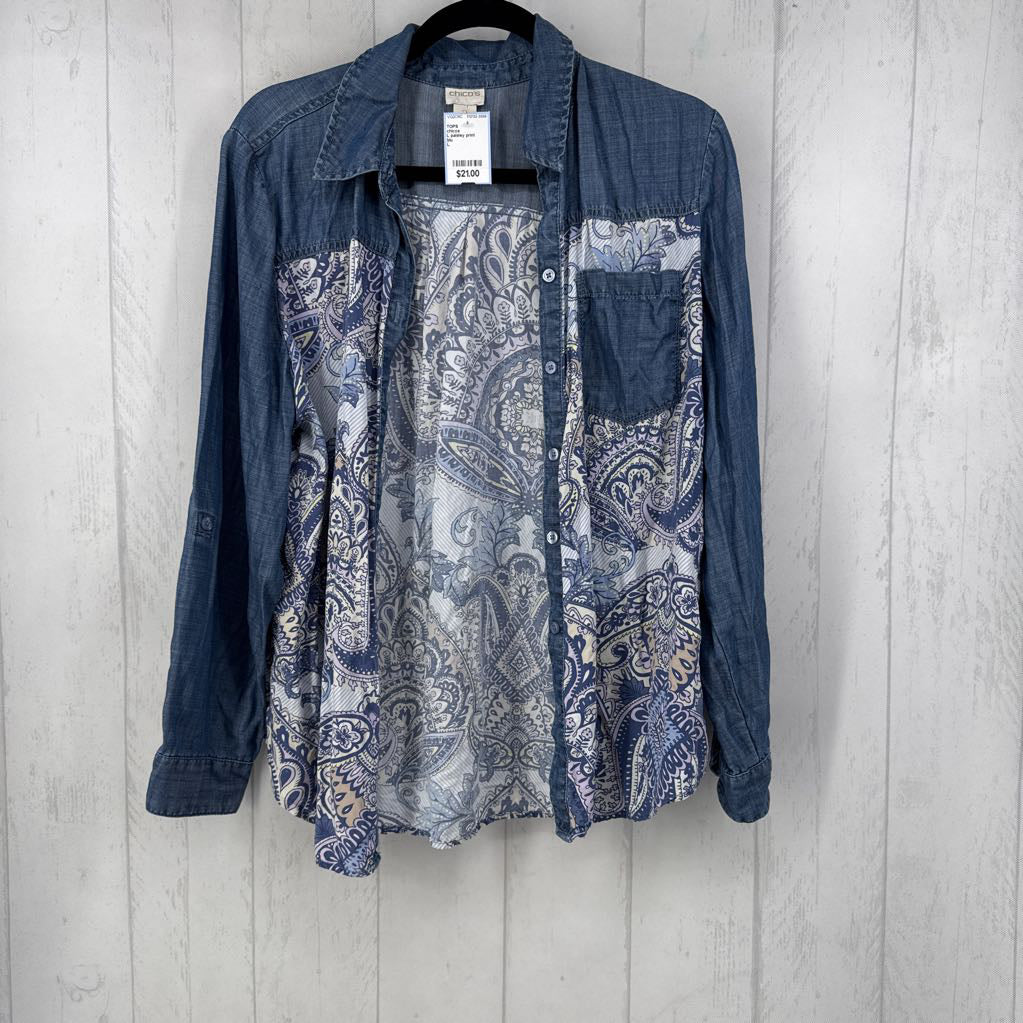 L paisley print denim button down l/s top