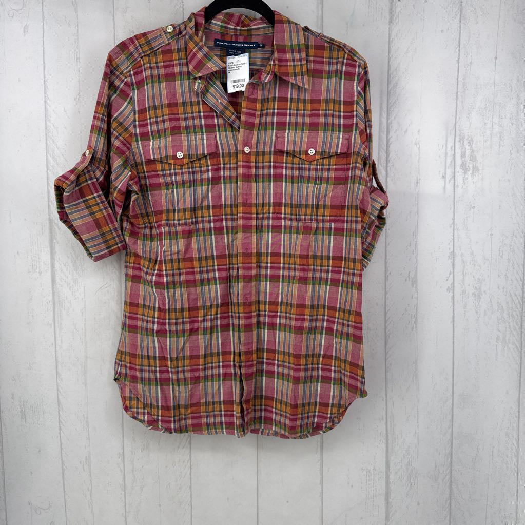 14 plaid button down tab slv top