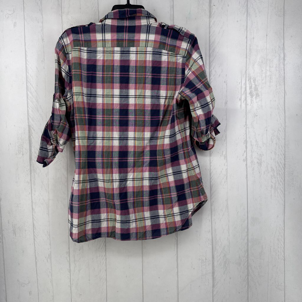 14 plaid button down tab slv top