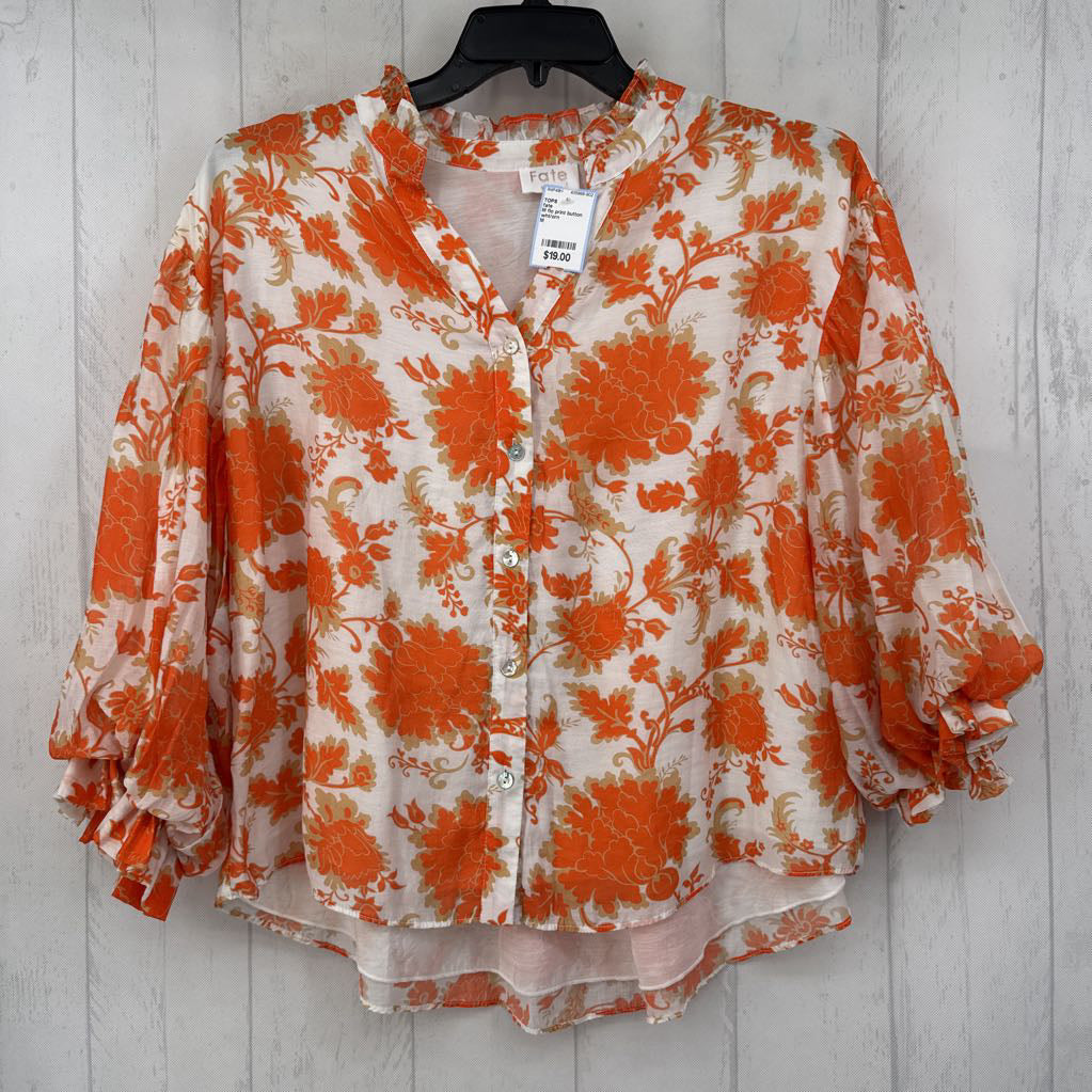 M flo print button down 3/4 slv top