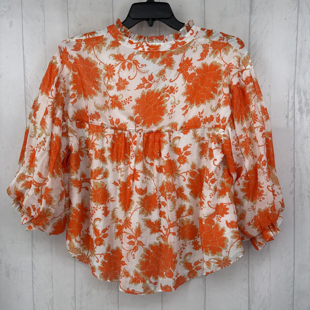 M flo print button down 3/4 slv top