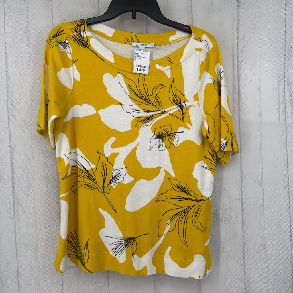 M flo print boat neck s/s top