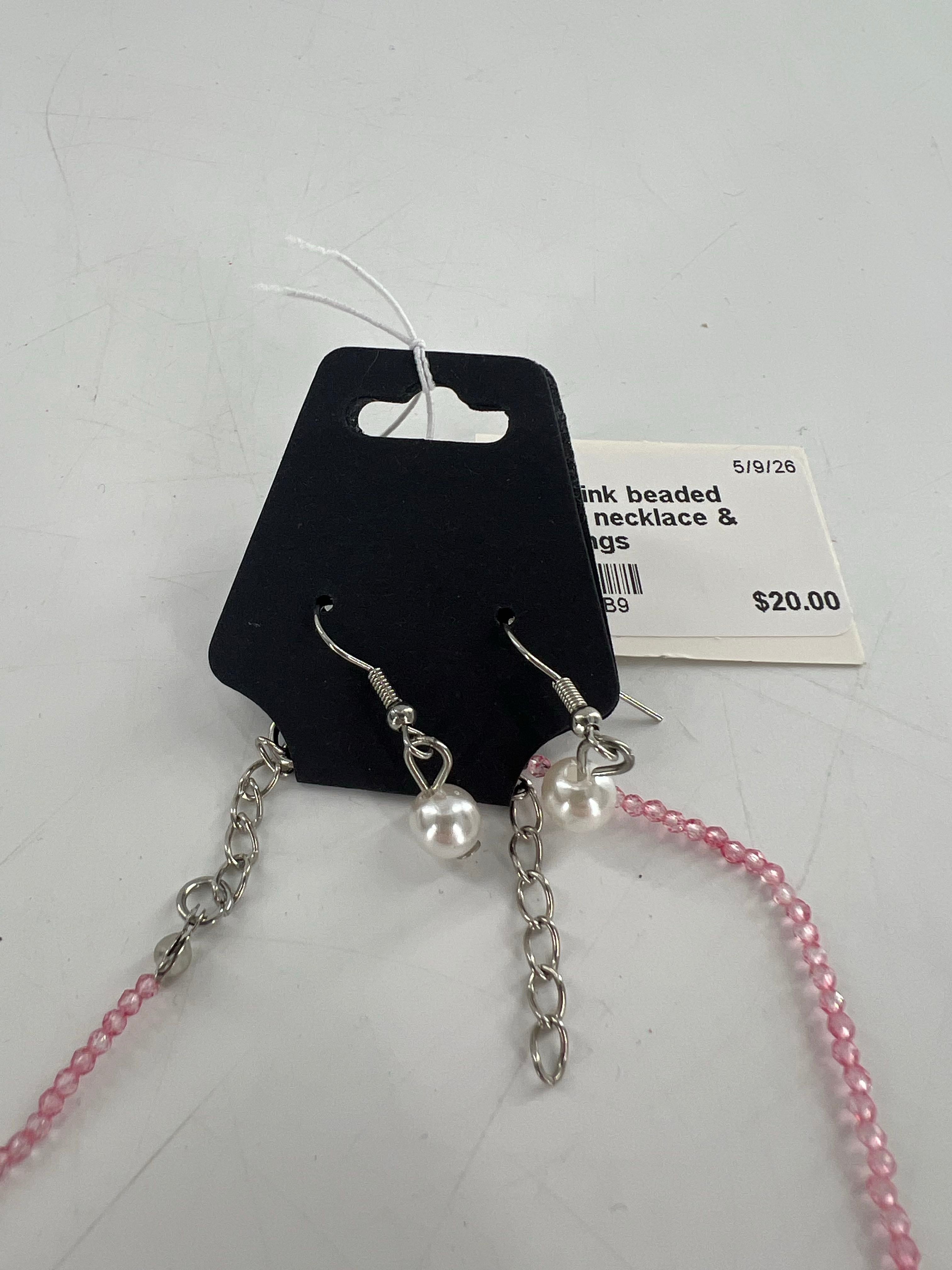 10" pink beaded pearl necklace & earrings