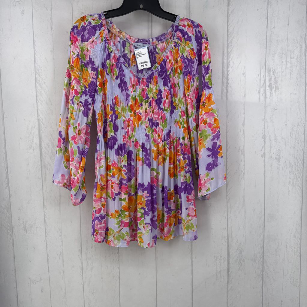 S v-neck pleated flo print l/s top