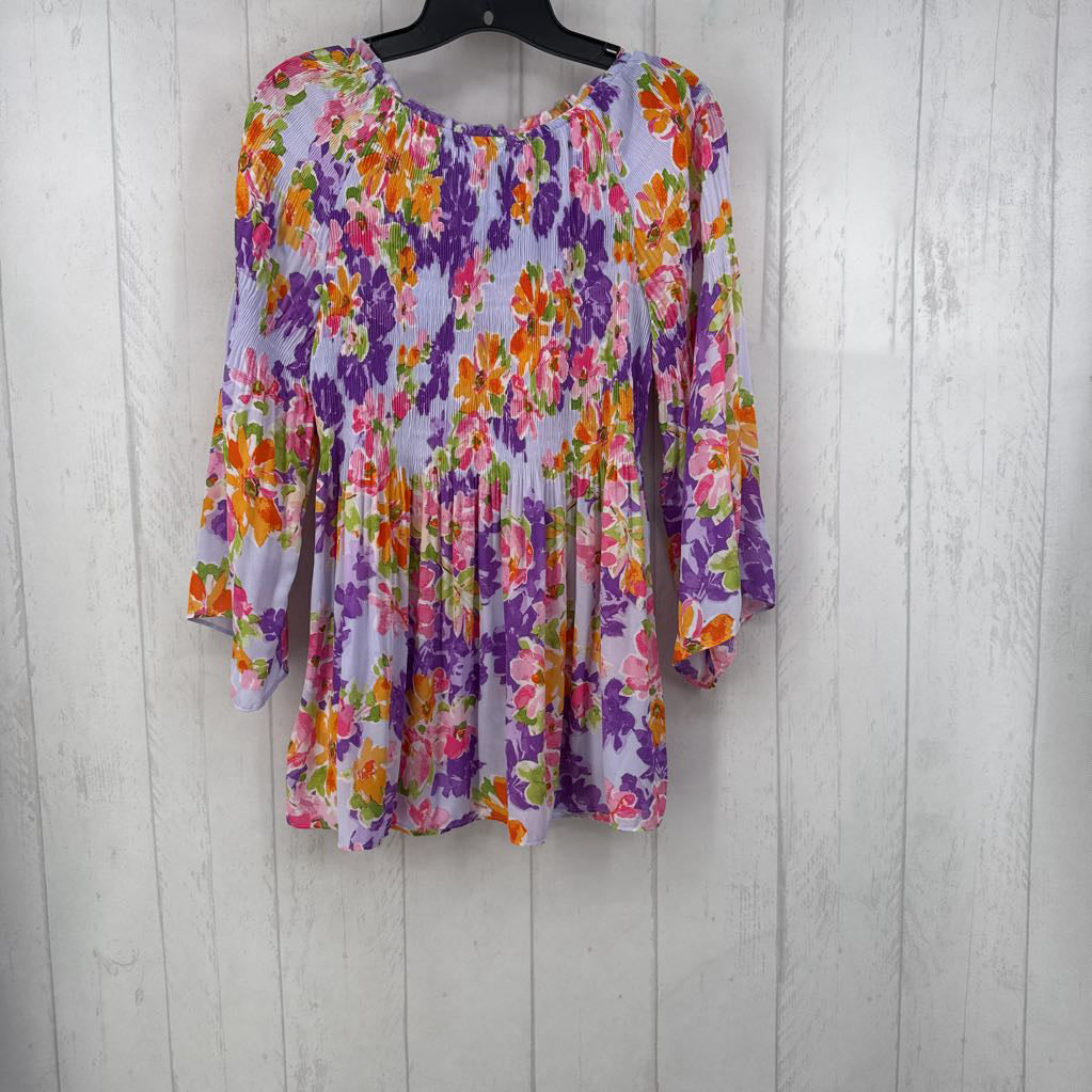 S v-neck pleated flo print l/s top